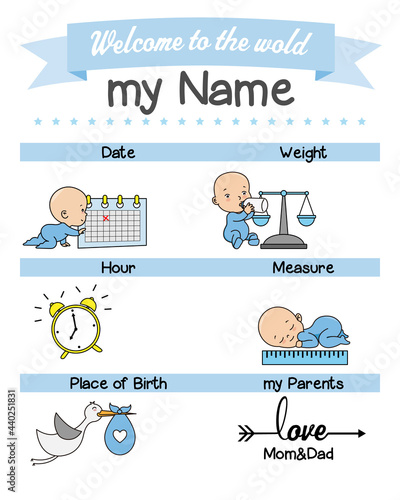 Baby birth print. Baby data template at birth. Weight, measurement, place, time and day of birth