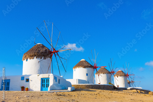 Close on the first of the windmills with blue sky in Mykonos island cyclades Greece