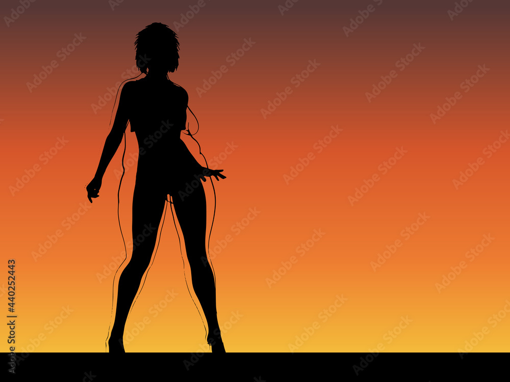 Vector conceptual fat overweight obese female vs slim fit healthy body after weight loss or diet with muscles thin young woman over sunset. Fitness, nutrition or fatness obesity, health shape