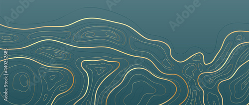 Luxury gold abstract line art background vector.  Mountain topographic map background with golden lines  texture, 17:9 wallpaper design for wall arts, fabric , packaging , web, banner, app, wallpaper.