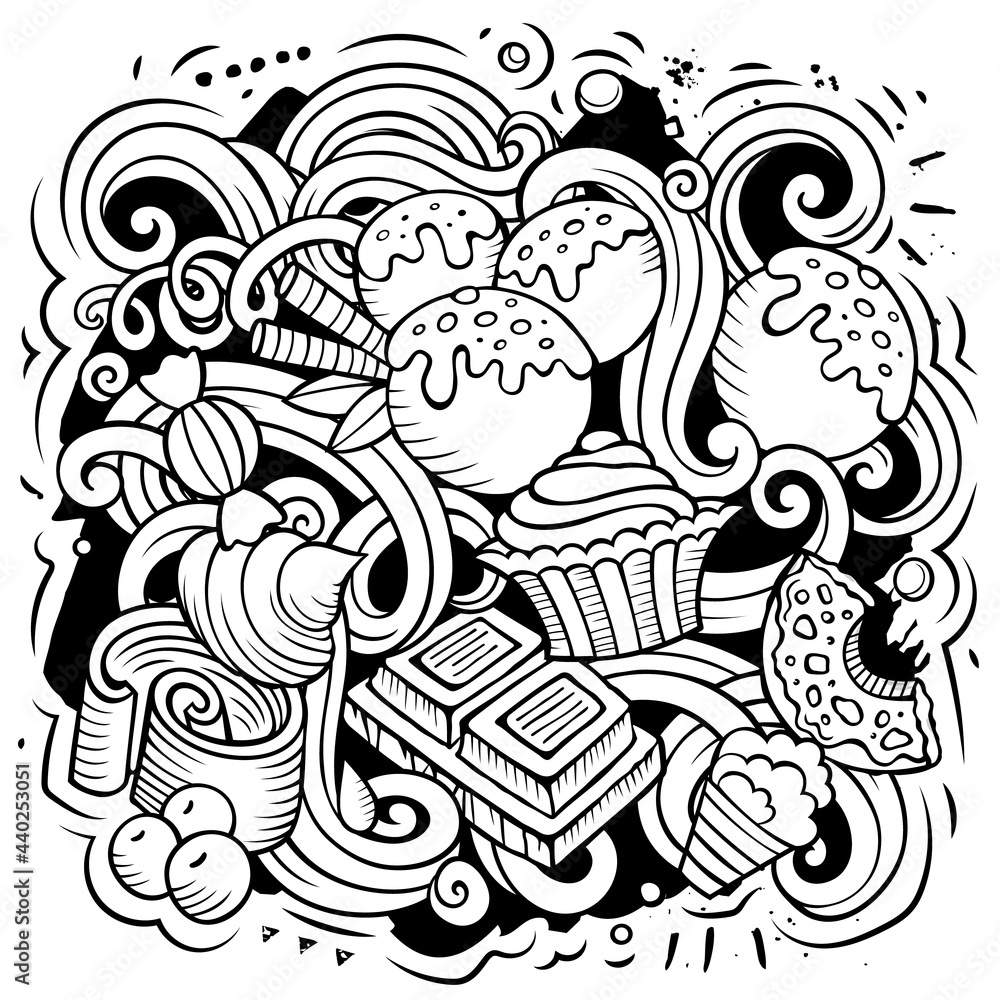 Fototapeta premium Sweet food vector doodles illustration.