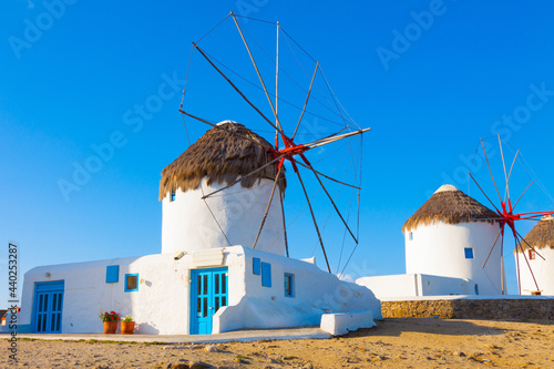 Windmills closeup with deep blue sky in Mykonos island cyclades Greece