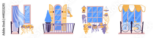 Balcony concept vector illustration set. House exterior with plants, birdcage, bicycle and bird feeder