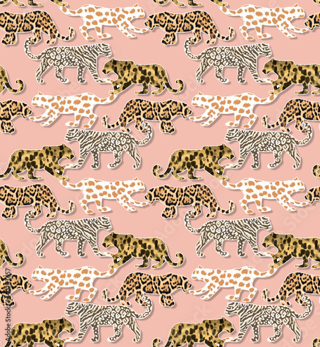 Photography Various Leopard Textured Wild Cats Walking Silhouettes Elegant Seamless Pattern