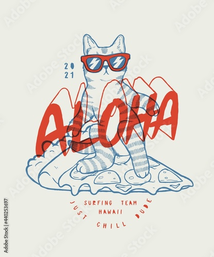 Cute surfing cat character in shades on a pizza slice. Aloha cat cute summer sports vector illustration t-shirt print for kids. Great for silk screen.