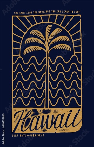 Hawaii surfing vintage palm, sun and wave vintage simple line typography t-shirt print