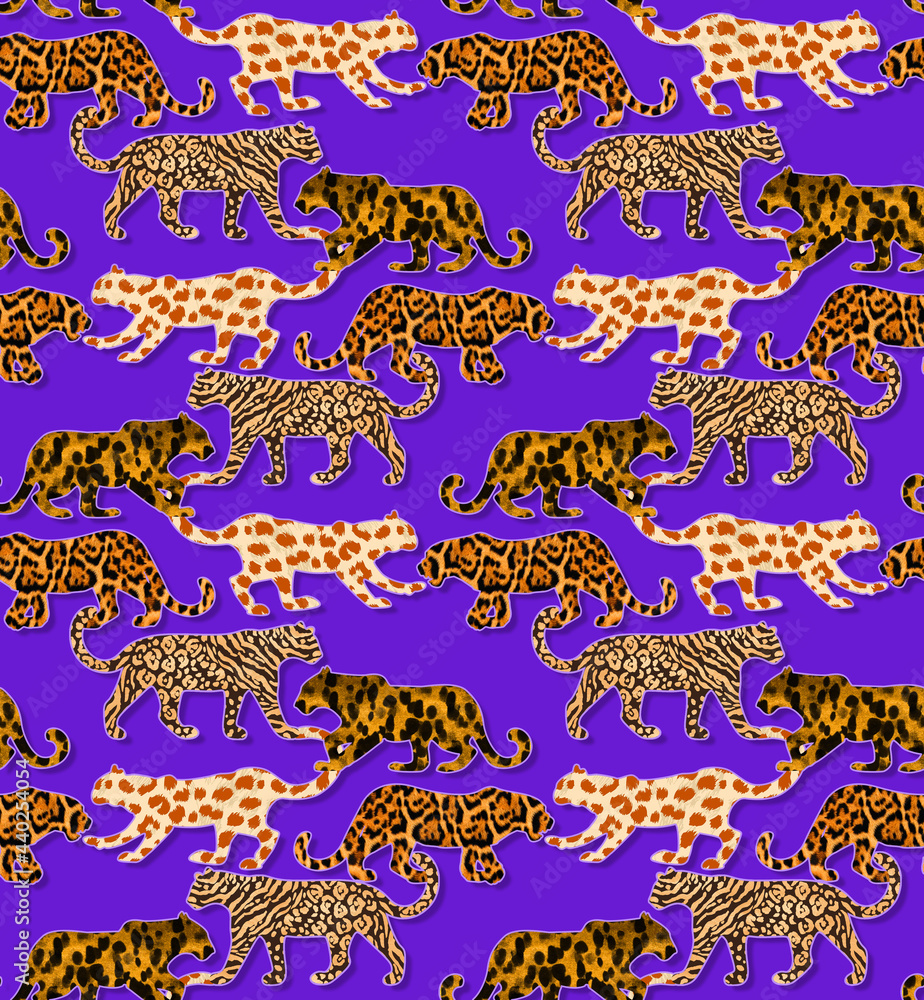 Φωτογραφία Various Leopard Textured Wild Cats Walking Silhouettes Elegant Seamless Pattern