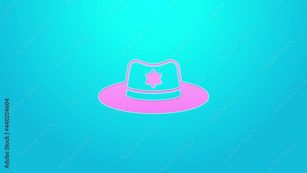 Pink line Sheriff hat with badge icon isolated on blue background. 4K Video motion graphic animation Pink line Sheriff hat with badge icon isolated on blue background. 4K Video motion graphic animation