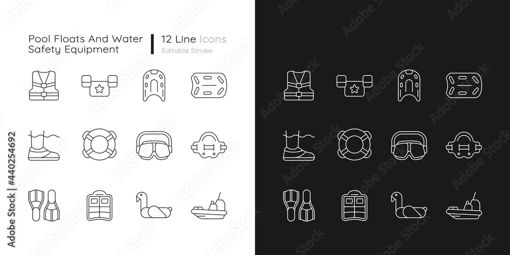 Pool floats and water safety equipment linear icons set for dark and light mode. Lifesaving equipment. Customizable thin line symbols. Isolated vector outline illustrations. Editable stroke