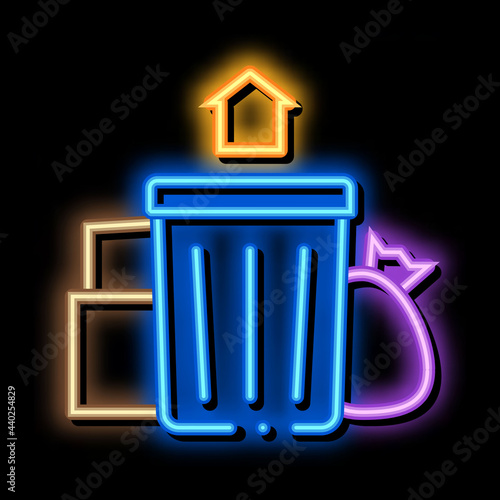 trash can home neon light sign vector. Glowing bright icon trash can home sign. transparent symbol illustration