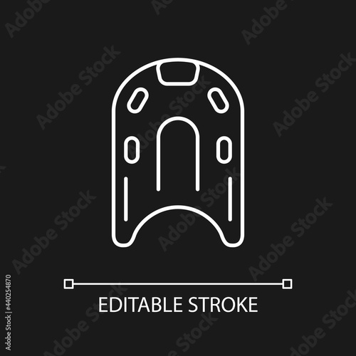 Kickboard white linear icon for dark theme. Buoyant rectangular board. Lower body workouts. Thin line customizable illustration. Isolated vector contour symbol for night mode. Editable stroke