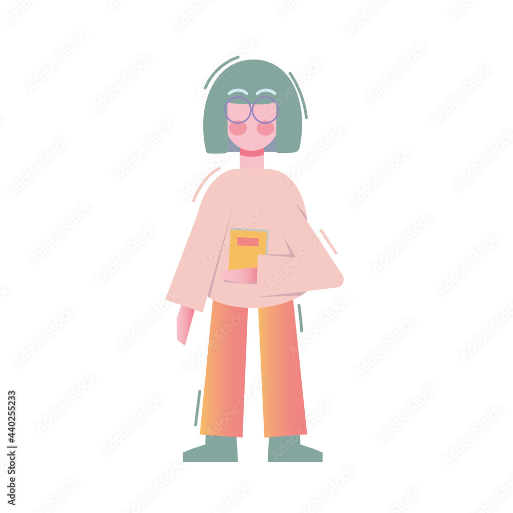 Clever. woman wear glasses. Happy person holding book. Clever people and student illustration Clever. woman wear glasses. Happy person holding book. Clever people and student illustration
