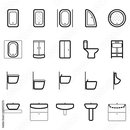 set of vector icons, bathtub, shower, toilet, wall-mounted toilet,  attached toilet bowl, urinal, bidet, installation, washbasin