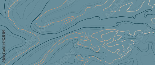 Luxury gold abstract line art background vector.  Mountain topographic map background with golden lines  texture, 17:9 wallpaper design for wall arts, fabric , packaging , web, banner, app, wallpaper.