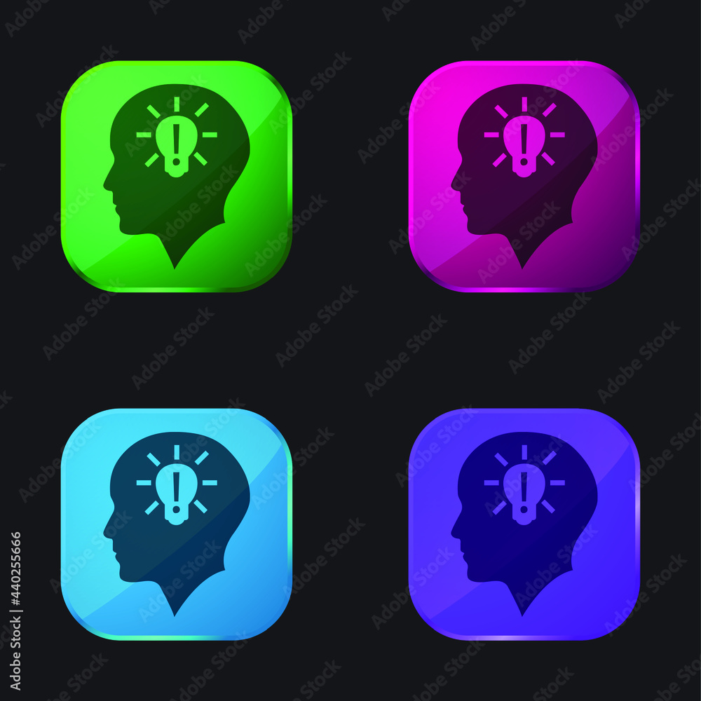 Bald Head With Lightbulb With Exclamation Sign Inside four color glass button icon Bald Head With Lightbulb With Exclamation Sign Inside four color glass button icon