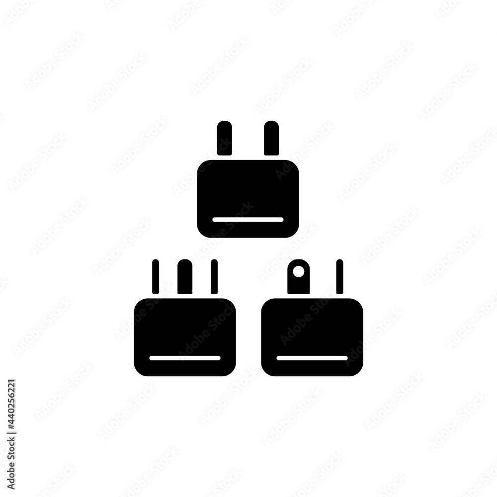Travel adapter black glyph icon. Universal plug for airplane passenger. Portable amenities. Things for tourist. Travel size objects. Silhouette symbol on white space. Vector isolated illustration Travel adapter black glyph icon. Universal plug for airplane passenger. Portable amenities. Things for tourist. Travel size objects. Silhouette symbol on white space. Vector isolated illustration
