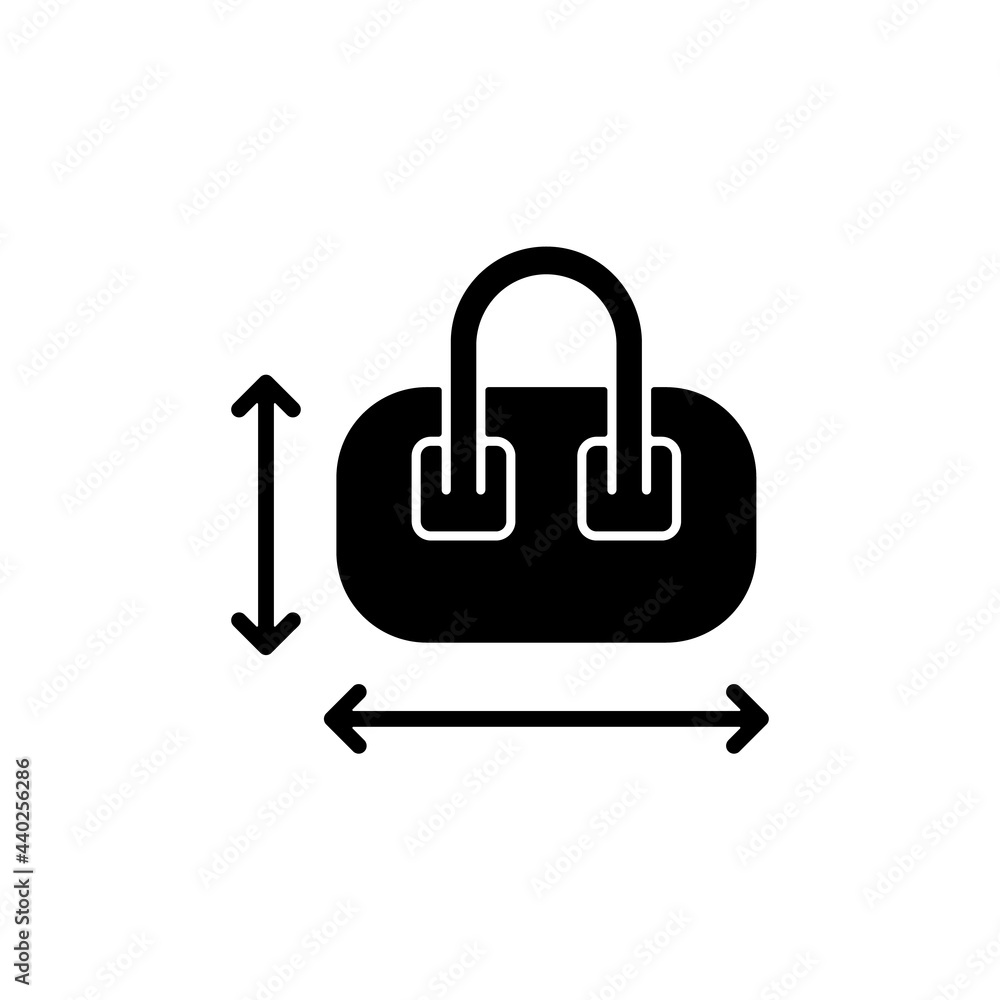 Hand luggage size black glyph icon. Measuring baggage for flight passenger. Portable amenities. Things for tourist. Travel size objects. Silhouette symbol on white space. Vector isolated illustration Hand luggage size black glyph icon. Measuring baggage for flight passenger. Portable amenities. Things for tourist. Travel size objects. Silhouette symbol on white space. Vector isolated illustration