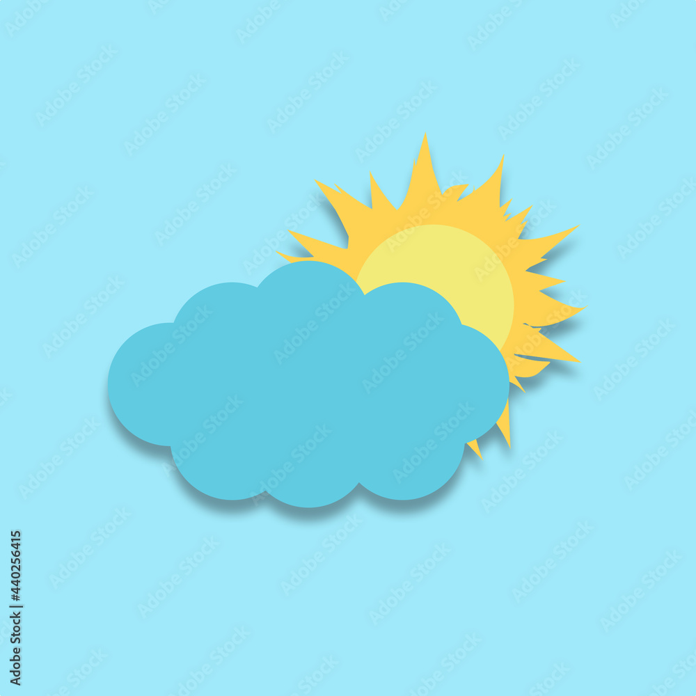 Minimalistic weather forecast symbol. Sun partly hidden behind cloud on blue background in square format. Minimalistic weather forecast symbol. Sun partly hidden behind cloud on blue background in square format.
