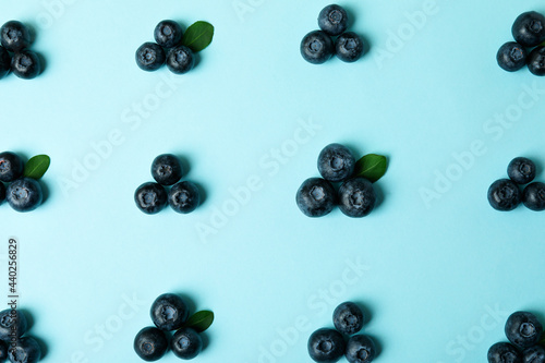 Fresh blueberry with leaves on blue background
