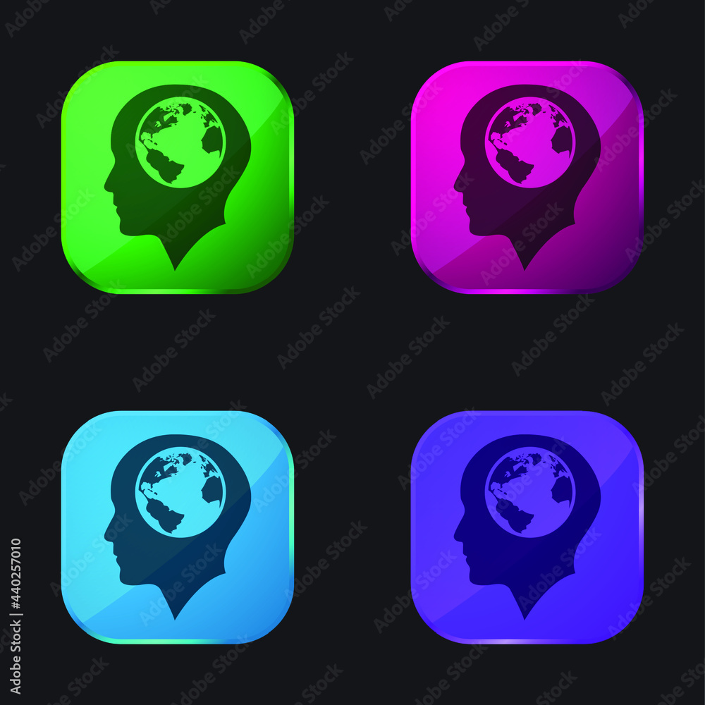 Bald Male Head With Earth Globe Inside four color glass button icon Bald Male Head With Earth Globe Inside four color glass button icon