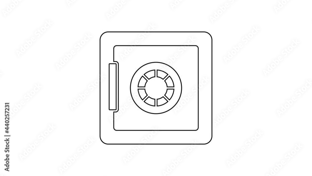 Black line Safe icon isolated on white background. The door safe a bank vault with a combination lock. Reliable Data Protection. 4K Video motion graphic animation Black line Safe icon isolated on white background. The door safe a bank vault with a combination lock. Reliable Data Protection. 4K Video motion graphic animation