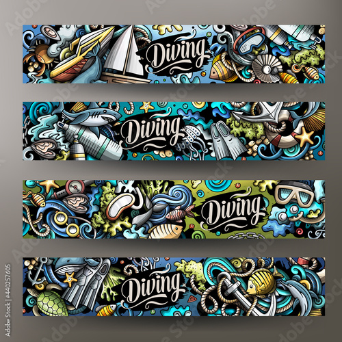 Cartoon cute doodles Diving horizontal banners set