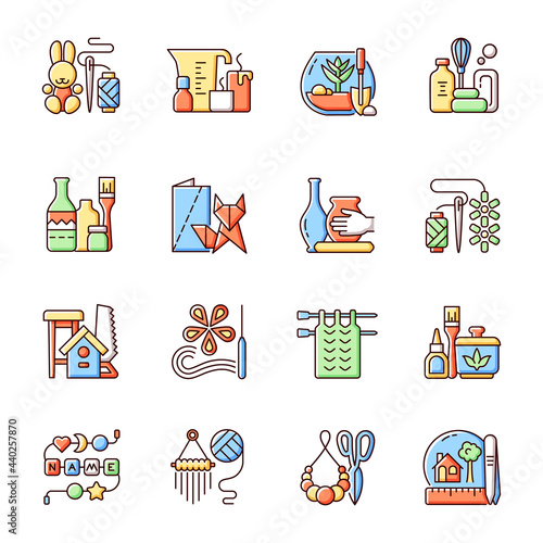 Trending hobbies RGB color icons set. Home business. Boho style. Craft activity. Creative reuse. Home decor. Isolated vector illustrations. Handcrafted pieces simple filled line drawings collection