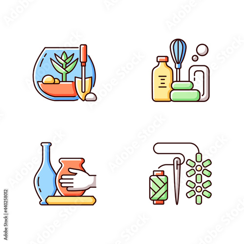 Creative hobbies RGB color icons set. DIY tropical terrarium. Handmade soap. Beadwork. Growing exotic plants. Isolated vector illustrations. Making pottery simple filled line drawings collection
