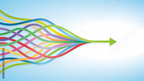 Vector illustration. Colorful lines intertwined in arrow. Dimensions 16:9. Vector illustration. EPS10.
