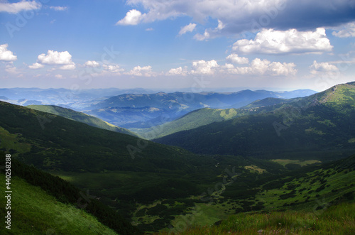 Mountain panoramic landscape with clouds and blue sky