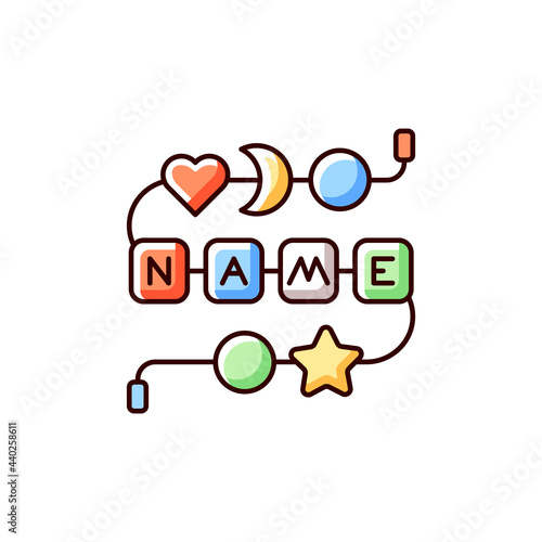 Personalised silicone teether chain RGB color icon. Practical keepsake for infant. Accessory with baby name. Teething supply. Isolated vector illustration. Toddler toy simple filled line drawing