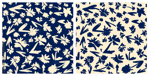 Set of botanical silhouette seamless repeat pattern. Bundle of random placed solid vector flowers with leaves all over surface print on blue and ecru white backgrounds.