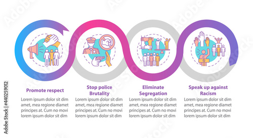 Confronting racism vector infographic template. Stop segregation presentation outline design elements. Data visualization with 4 steps. Process timeline info chart. Workflow layout with line icons