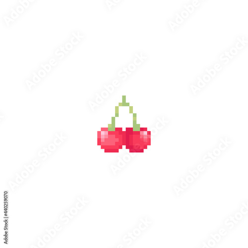Pixel art cherry. Cute retro icon of couple of cherries for game assets, print, app, sticker, web design, fabric, paper, logo, decoration. Cute Pixel Vector cherry with stalk illustration. © Takoyaki Shop
