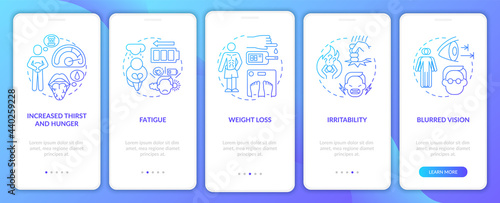 Diabetes symptoms onboarding mobile app page screen. Irritability walkthrough 5 steps graphic instructions with concepts. UI, UX, GUI vector template with linear color illustrations