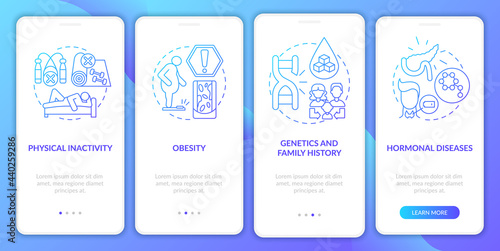 Diabetes causes onboarding mobile app page screen. Hormonal diseases walkthrough 4 steps graphic instructions with concepts. UI, UX, GUI vector template with linear color illustrations
