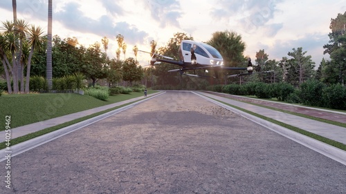 The passenger air taxi takes off and departs to its destination. View of an unmanned aerial passenger vehicle. 3D Rendering.