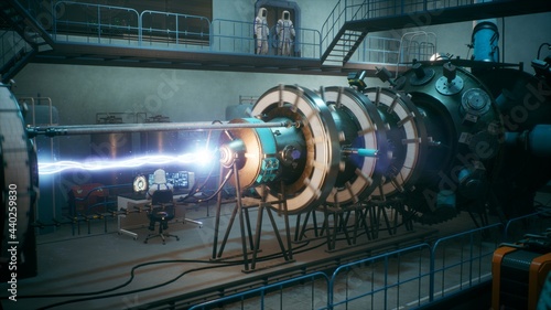 Konstfotografi Scientists watch the work of a time machine or a futuristic thermonuclear reactor