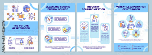 Future of hydrogen brochure template. Secure energy source. Flyer, booklet, leaflet print, cover design with linear icons. Vector layouts for presentation, annual reports, advertisement pages