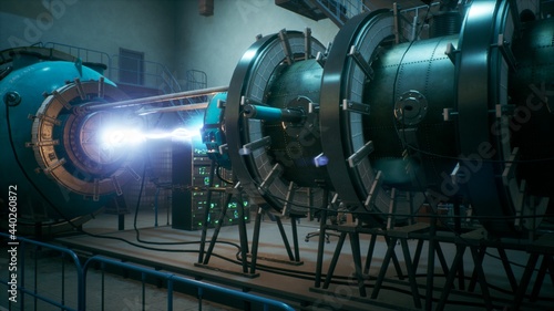 Tableau sur toile Scientists watch the work of a time machine or a futuristic thermonuclear reactor