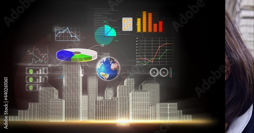 Digital interface with data processing over 3d city model against grey background