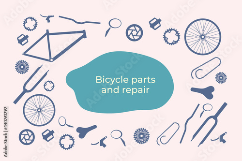 Bicycle parts banner. Spare for bike repair and service, workshop. Pattern. Frame. Saddle. Brake. Pedal. Tire. Spoke. Fork. Rear derailleur. Rim. Chain ring. Colorful flat vector illustration isolated