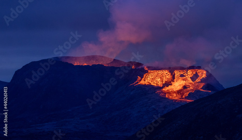 Fagradalsfjall, Iceland - June 11th, 2021: volcano eruption near Reykjavik, Iceland