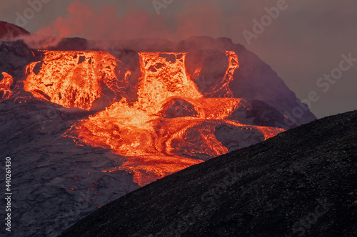 Fototapeta Naklejka Na Ścianę i Meble -  Fagradalsfjall, Iceland - June 11th, 2021: volcano eruption near Reykjavik, Iceland