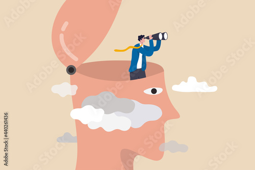 Clear business vision to see future opportunity, challenge to overcome difficulty to see real visionary concept, smart businessman with binoculars open his head above cloud storm for clear vision.