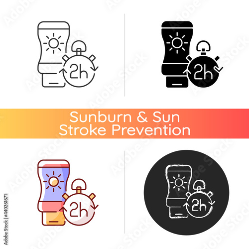 Apply sunscreen every 2 hours icon. Sunblock lotion application tip. Cream for sunburn prevention during summer heatwave. Linear black and RGB color styles. Isolated vector illustrations