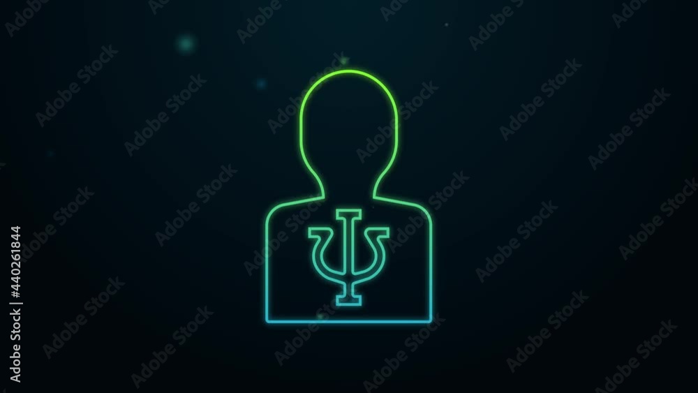 Glowing neon line Psychology icon isolated on black background. Psi symbol. Mental health concept, psychoanalysis analysis and psychotherapy. 4K Video motion graphic animation