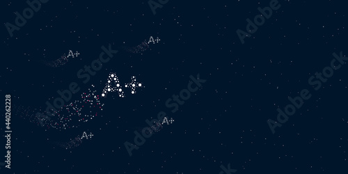 A A plus symbol filled with dots flies through the stars leaving a trail behind. Four small symbols around. Empty space for text on the right. Vector illustration on dark blue background with stars © Alexey