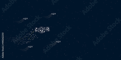 A handshake symbol filled with dots flies through the stars leaving a trail behind. Four small symbols around. Empty space for text on the right. Vector illustration on dark blue background with stars