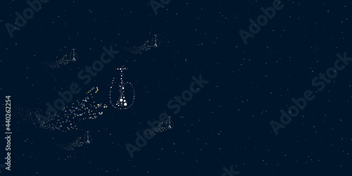 A hookah symbol filled with dots flies through the stars leaving a trail behind. Four small symbols around. Empty space for text on the right. Vector illustration on dark blue background with stars